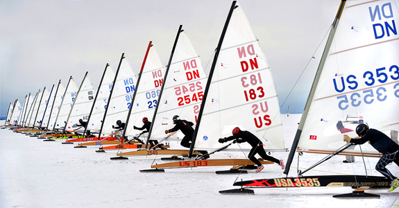 Matt Struble (second from right) getting a running start at the beginning of one of the 2009 DN North American Championship Regatta races February 13 on Lake Michigan near Marinette, WI 