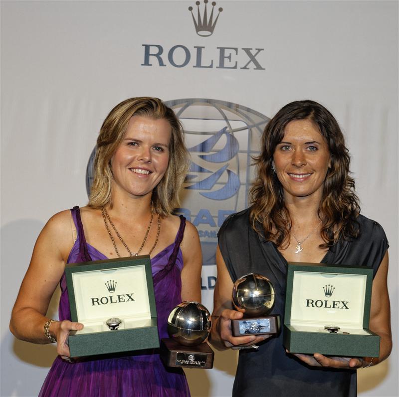 Polly Powrie (left) & Jo Aleh (NZL), female winners of the ISAF Rolex World Sailor of the Year Awards 2013. Photo By: Rolex / Kurt Arrigo