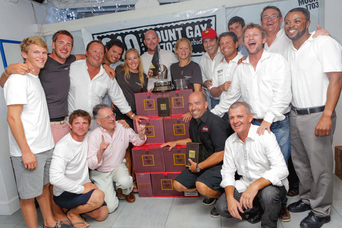 Team Mount Gay Monster Project win the skipper’s weight in rum for setting a new outright round Barbados record. Nigel Wallace Photography.