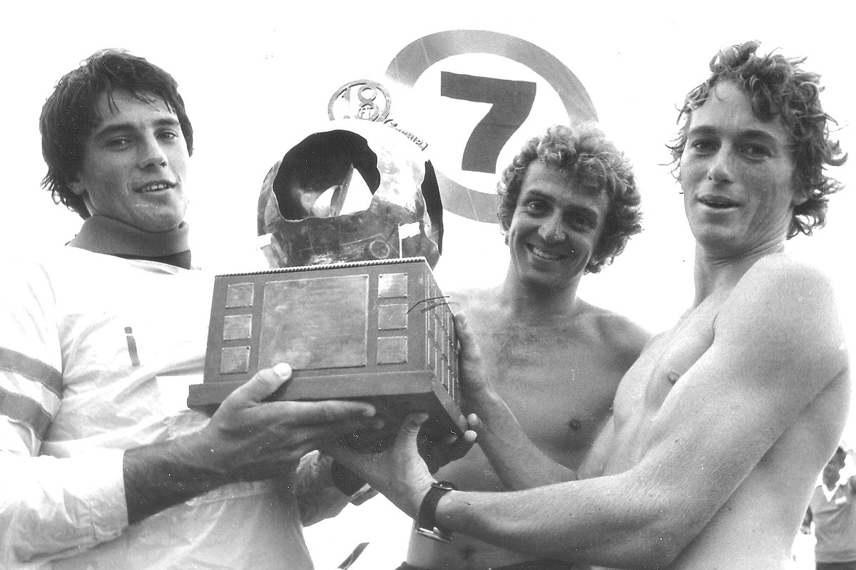 The unbeatable Color 7 crew (Iain Murray, Andrew Buckland, Don Buckley) with the Giltinan Trophy