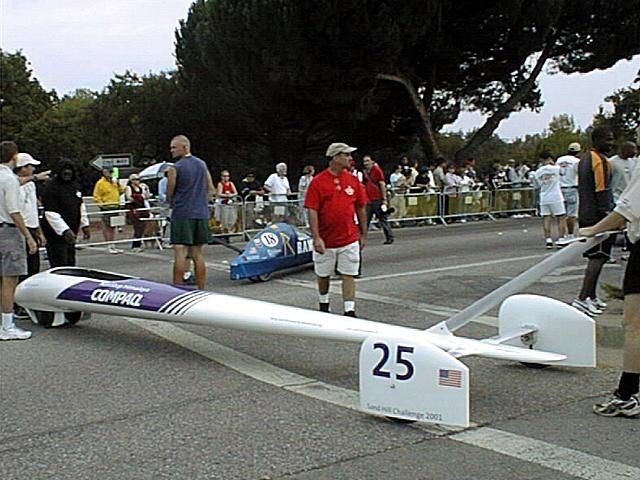 The winning Wirtanen/Bassano gravity car being readied for a run at the 2001 Sand Hill Challenge. Photo credit: Dennis Bassano. 