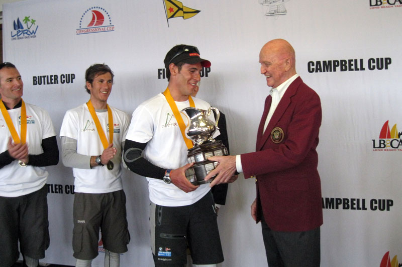 2011 Trophy Presentation - with Simone Ferrarese and Bill Ficker. Ferrarese sailed his way into Congressional Cup in 2011- and went on to win it in 2013 © Courtesy of Jo Murray / Long Beach Yacht Club