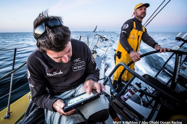 June 16, 2015. Leg 9 to Gothenburg onboard Abu Dhabi Ocean Racing. Day 0.  Simon "SiFi" Fisher navigates Azzam out of Lorient and towards the Hague.
