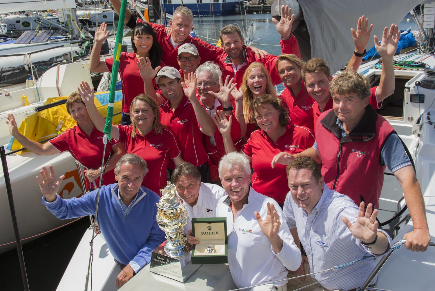 Roger Hickman, Owner Wild Rose, and crew receive the Tattersall's Cup and a Rolex Timepiece. Front row: Jean-Nöel Bioul, Rolex SA, John Cameron, Commodore Cruising Yacht Club of Australia, Roger Hickman, Richard Batt, Commodore Royal Yacht Club of Tasmania.