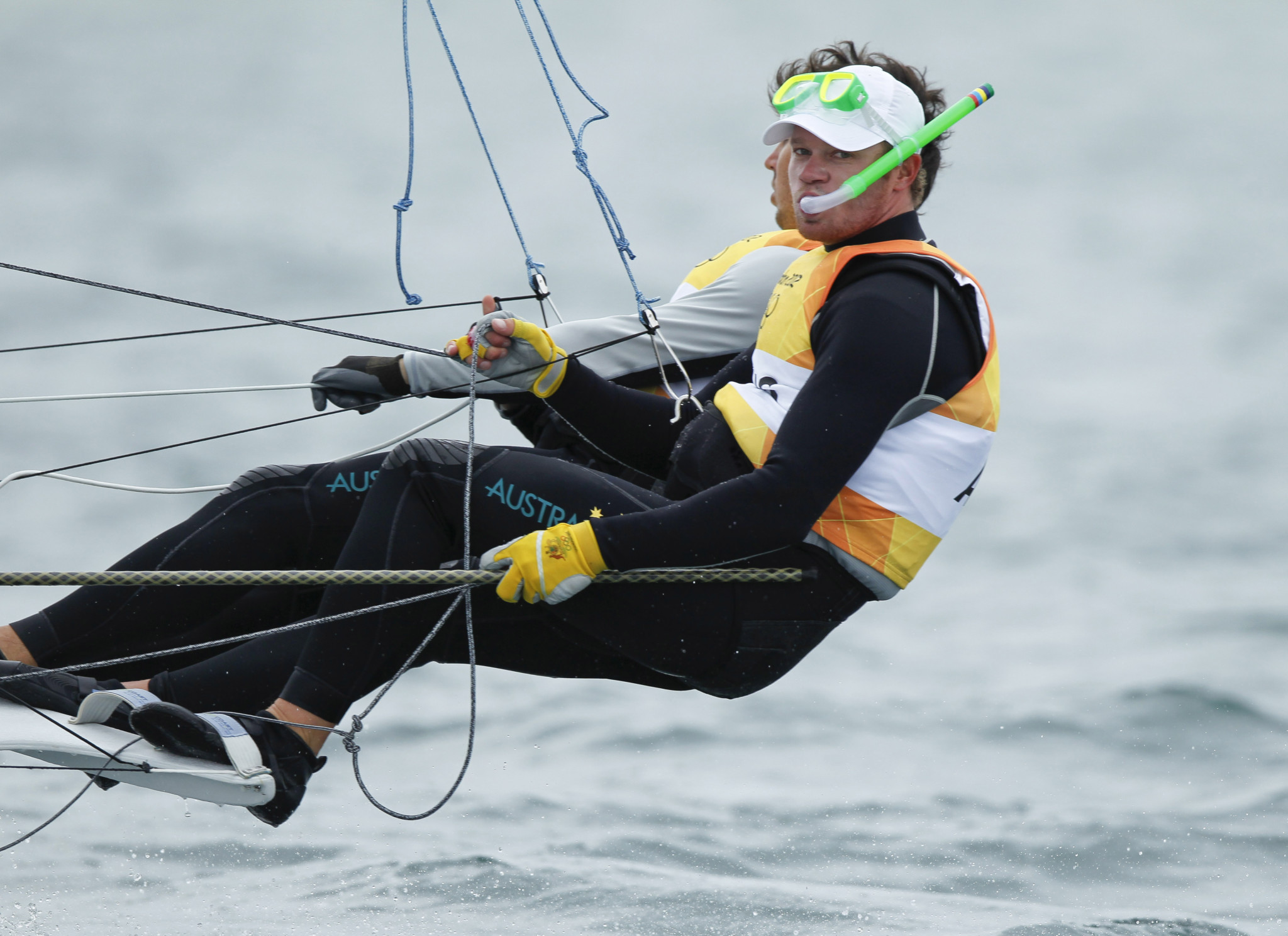 20120801 Copyright onEdition 2012© Free for editorial use image, please credit: onEdition Nathan Outerridge and Iain Jensen (AUS) competing today, 01.08.12, in the Men's Skiff (49er) event in The London 2012 Olympic Sailing Competition. The London 2012 Olympic Sailing Competition runs from 29 July to 12 August and brings together 380 of the world's best sailors to race on Weymouth Bay. Sailing made its Olympic debut in 1900 and has appeared at every Olympic Games since 1908. In 2012 athletes from 63 nations are competing across ten Olympic sailing events. For additional images please go to: http://www.w-w-i.com/isaf_sailing_2012/ For more information please contact: Daniel Smith, marketing@isaf.co.uk or phone +44 (0) 7771 542 131 If you require a higher resolution image or you have any other onEdition photographic enquiries, please contact onEdition on 0845 900 2 900 or email info@onEdition.com This image is copyright the onEdition 2012©. This image has been supplied by onEdition and must be credited onEdition. The author is asserting his full Moral rights in relation to the publication of this image. Rights for onward transmission of any image or file is not granted or implied. Changing or deleting Copyright information is illegal as specified in the Copyright, Design and Patents Act 1988. If you are in any way unsure of your right to publish this image please contact onEdition on 0845 900 2 900 or email info@onEdition.com