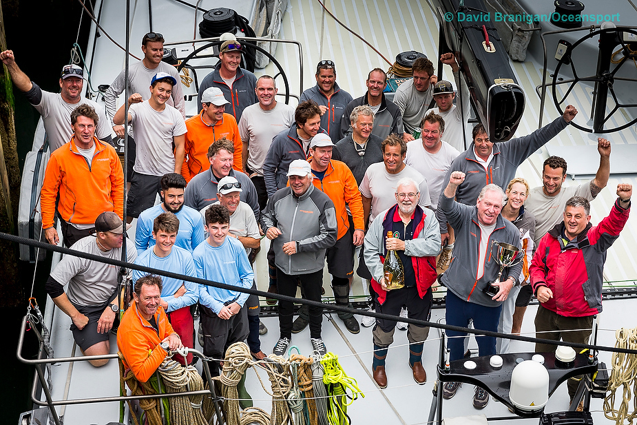 Wicklow, Ireland - Monday 20th June 2016: American George David's Rambler 88 celebrates with his crew after finishing the 704-mile Volvo Round Ireland Race to set a new course record for a single-hulled yacht and win of the Denis Doyle Trophy. The remaining boats in the 63-strong fleet are still at sea and the overall race winner will be decided on Handicap Corrected time. Also on board, Race Director from Wicklow Sailing Club Theo Phelan and 2014 winner David Ryan. Photograph: David Branigan/Oceansport