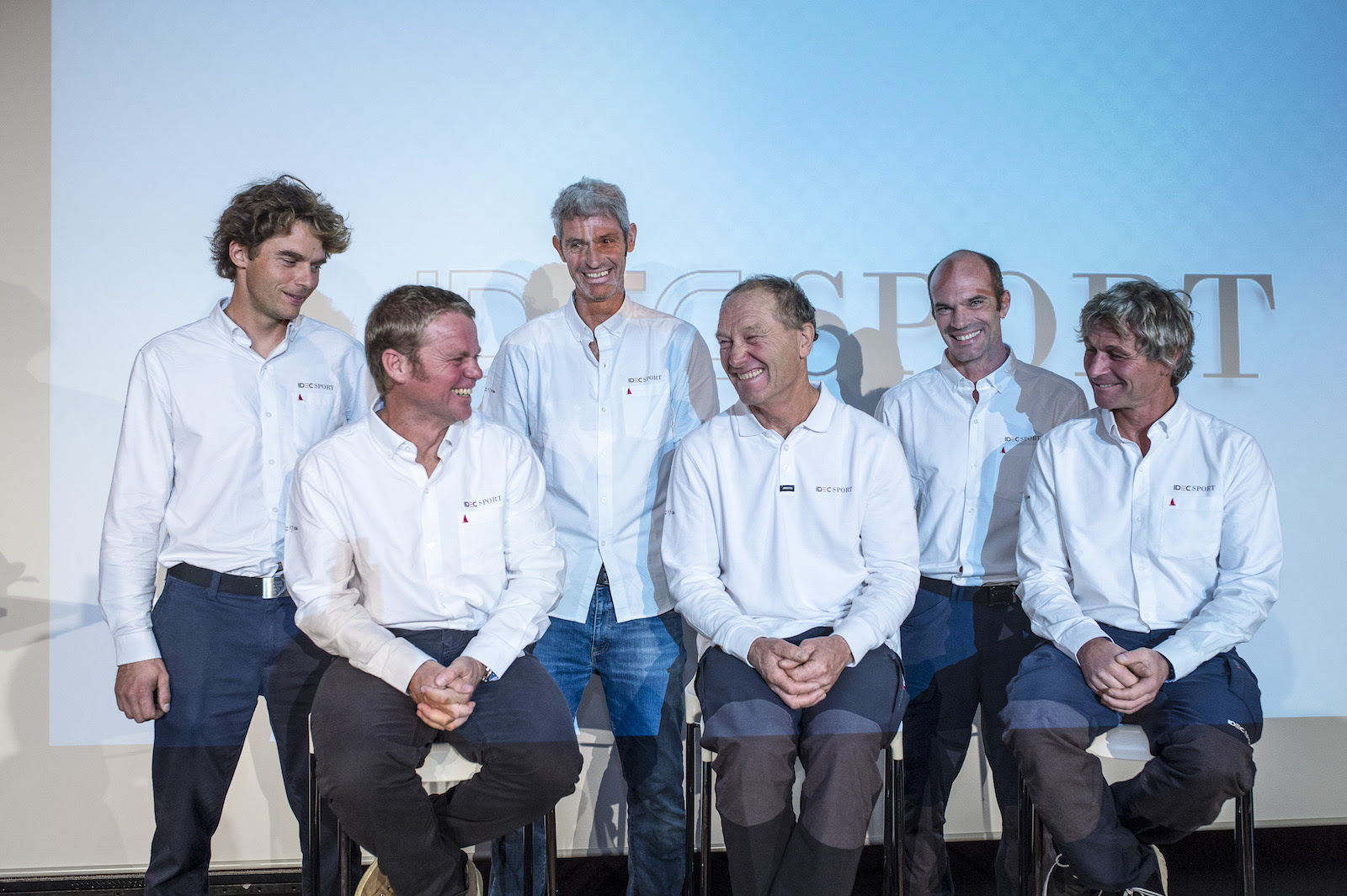 Francis Joyon, Gwenole Gahinet, Clement Surtel, Bernard Stamm, Alex Pella, Sebastien Audigane during the press conference of IDEC Sport prior to their 2nd attempt for the Jules Verne Trophy, crew circumnavigation non stop, on December 13th, 2016 in Paris - Photo Jean-Louis Carli / DPPI / IDEC